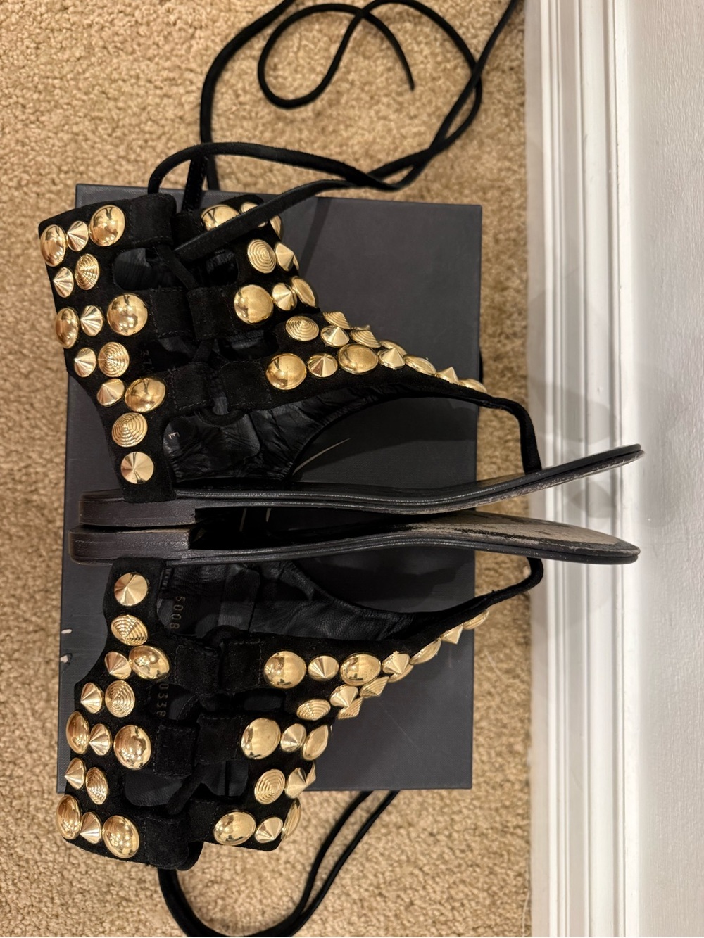 Giuseppe Zanotti Gold Studded Suede Gladiator Sandals Black Size 37.5 lace up - Picture 8 of 12